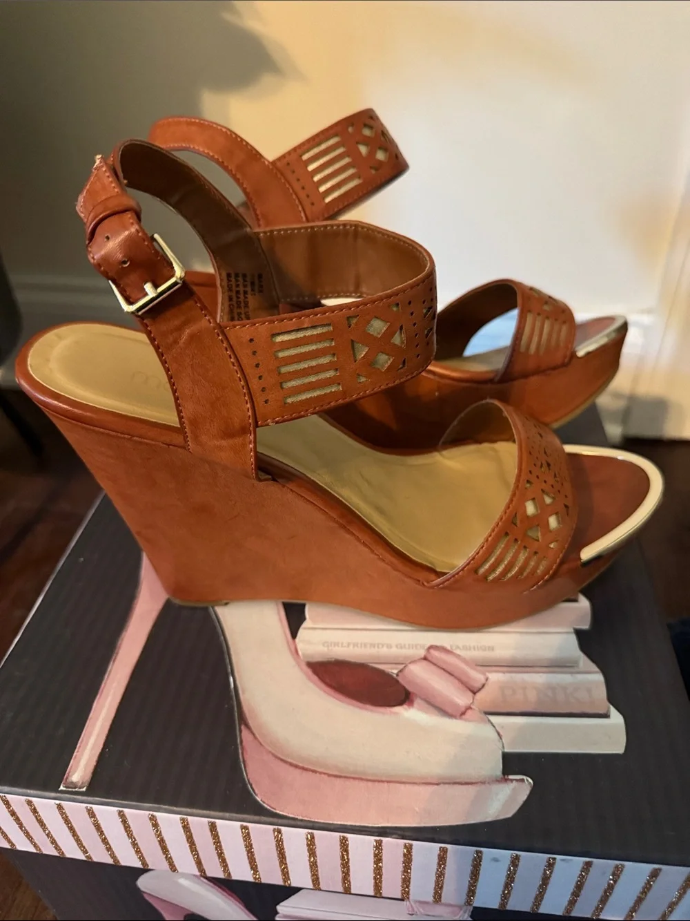 me too Tan Perforated Ankle-Strap Sandals